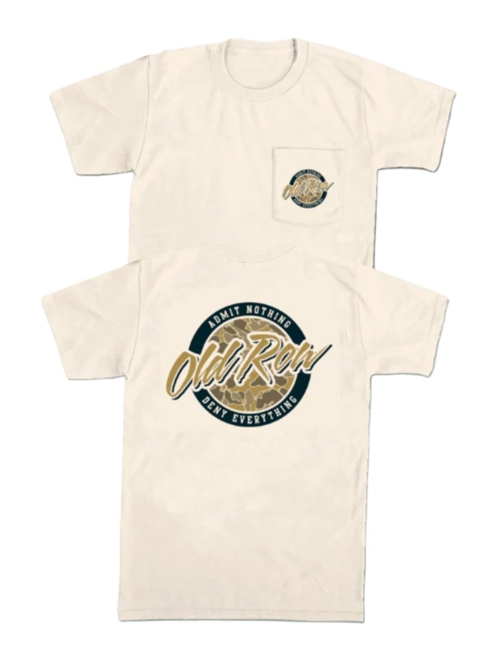 NWT Old Row Outdoors 80s Camo Circle Tee Admit Nothing Deny Everything Ivory